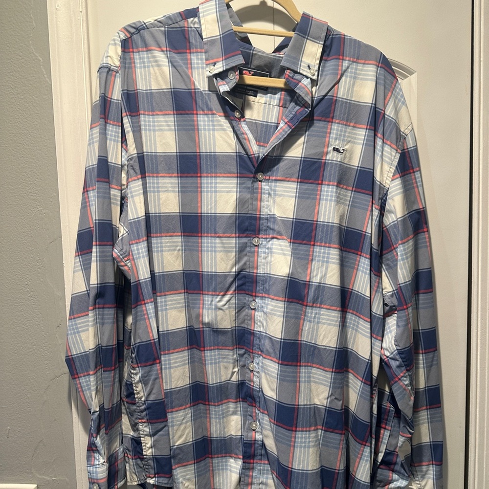 Vineyard vines, whale shirt blue plaid 2XL 92% nylon 6% spandex